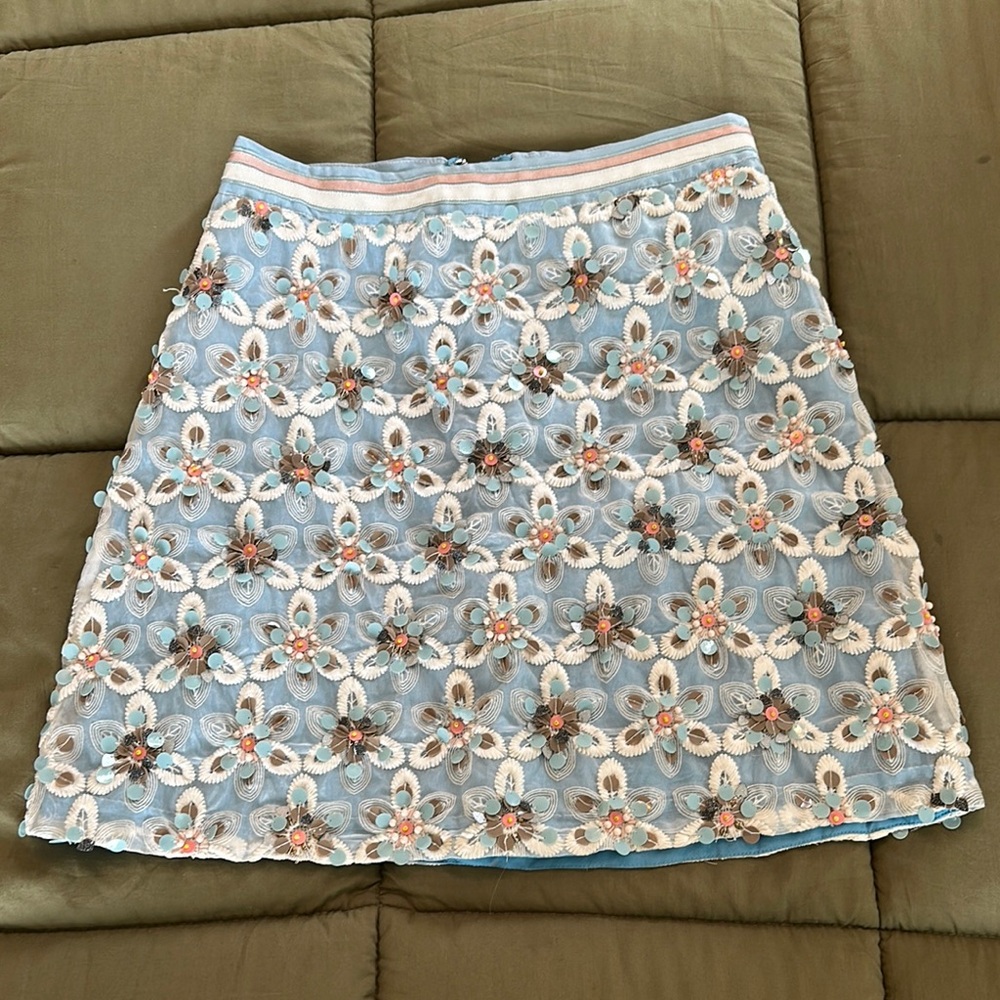 Anthropologie Blue Tan Embellished A-line Mini Skirt